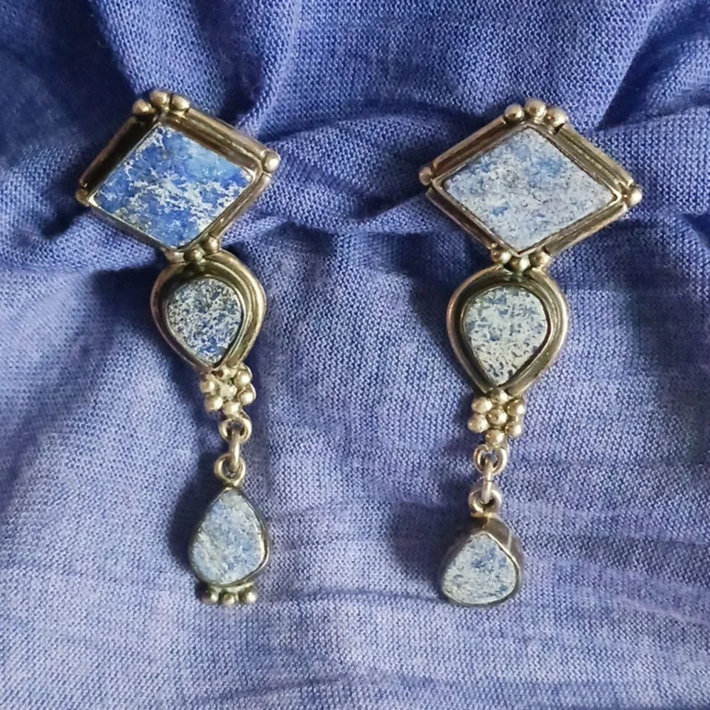 Lapiz and Silver Signed VTG Earrings.